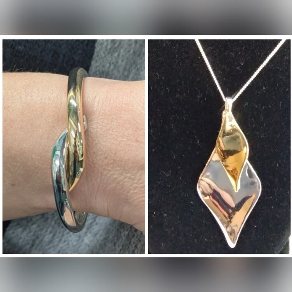 NEW Gold & Silver Clamper Cuff & Two Tone Dia & Co. Necklace 2pc Jewelry Set